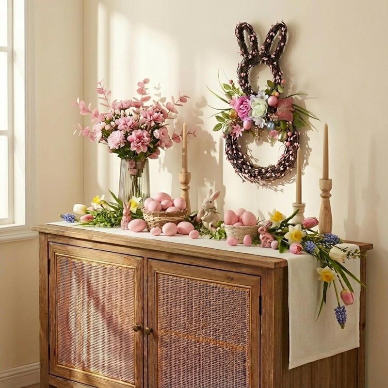Couronnes de lapin de Pâques pour la porte d'entrée, couronne de Pâques avec décorations d'œufs pastel pour la maison, couronne de porte de printemps avec fleurs de pivoines sur des brindilles mixtes pour fenêtre murale (18 pouces)