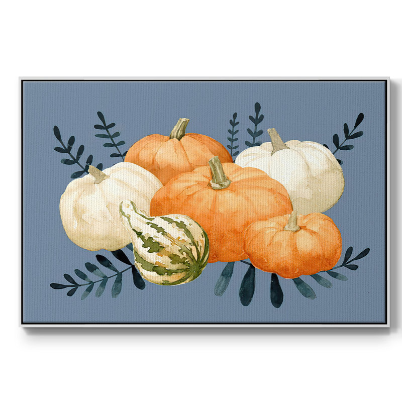 Automne orange et bleus, toile tendue avec châssis en I, H 25 po x l 37 po x P 2 po, Blanc