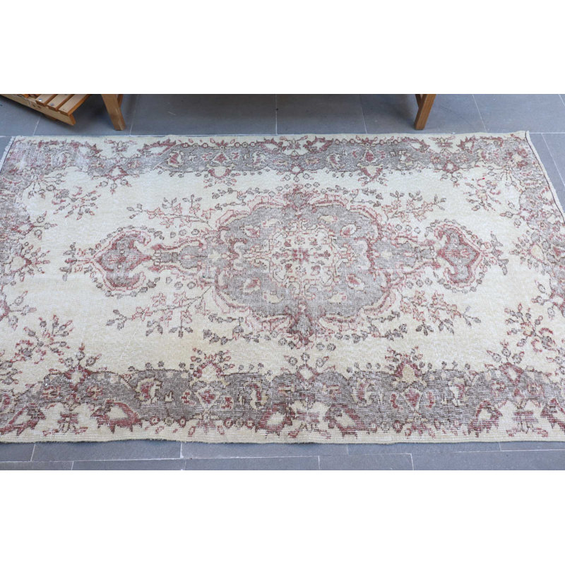 Tapis turc boho rétro beige pour chambre à coucher ou salle à manger - style organique antique