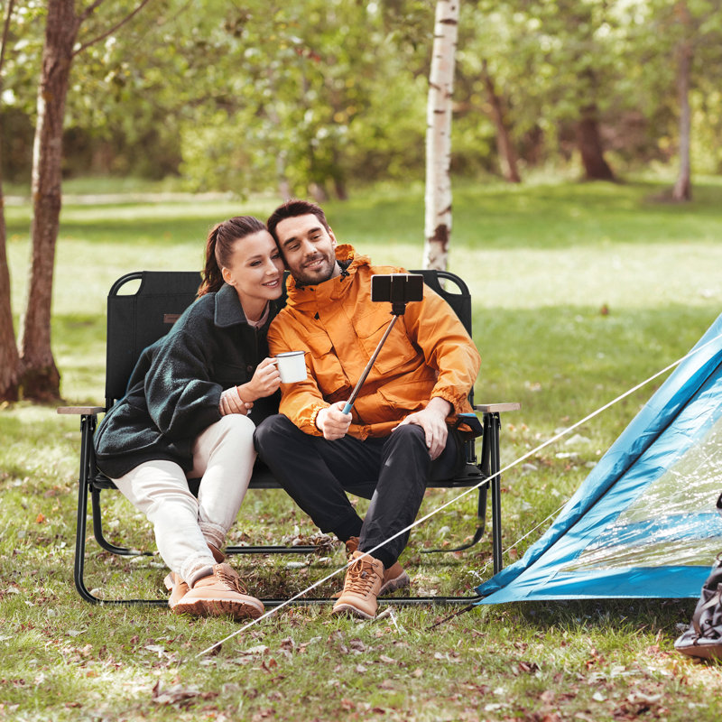 Double Folding Camping Chair For Two Adults - Portable With Wood Armrest & Drink Holders Black, Fashion Forward Backpacking, Beach, Sports Motoring 2 Adult Cupholders Excellent Journeys