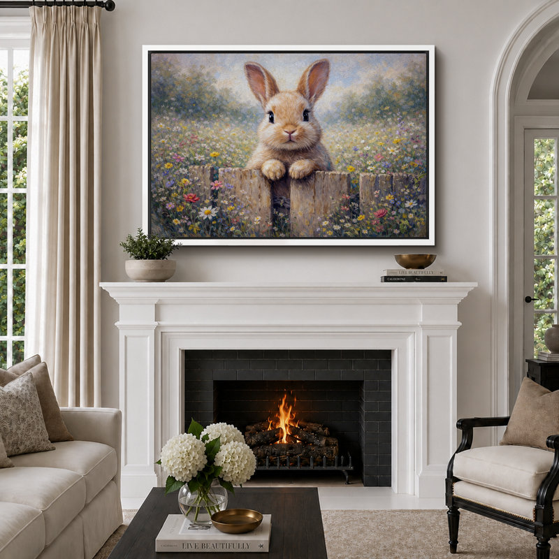 «Cute Bunny In Wildflower Garden», image de chambre de bébé, impression sur toile encadrée, H 16 po x l 24 po x P 1,5 po