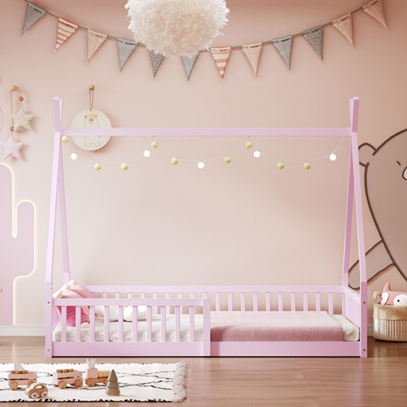 Lit simple en bois avec clôture, Rose