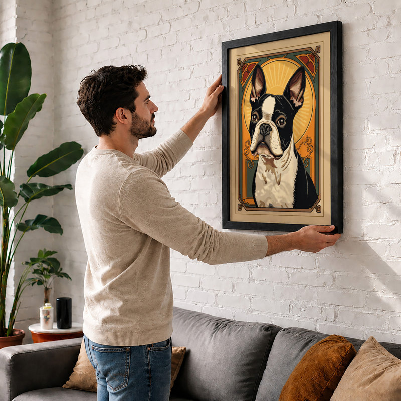 Boston Terrier Art Deco - Framed Print, A2 - 59.4 x 42.0 cm, White