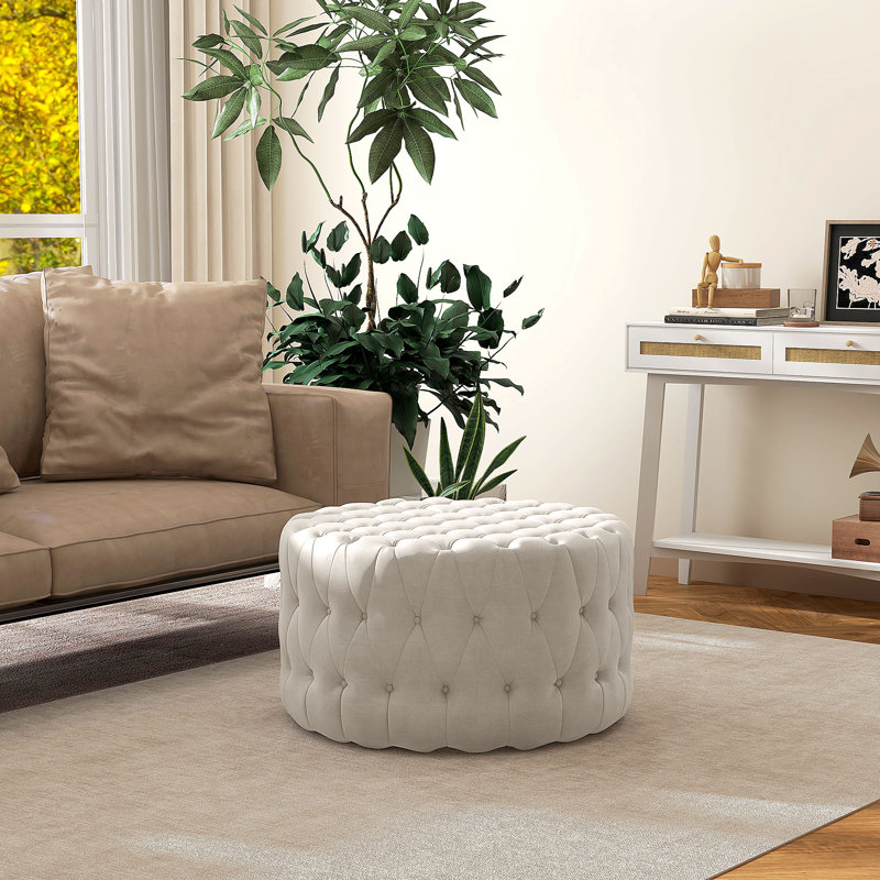 Repose-pieds 31,5 po, grand tabouret rembourré en velours avec capitonnage et siège rembourré pour le salon, le vestibule, beige