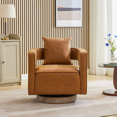 29.1" W Hollow Back Swivel Barrel Chair With Wooden Base