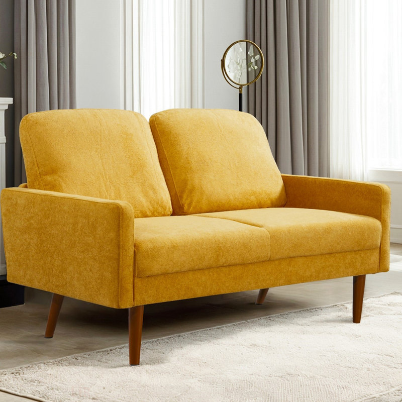 European Style Velvet Loveseat Sofa with Sleek Design, Mustard Yellow
