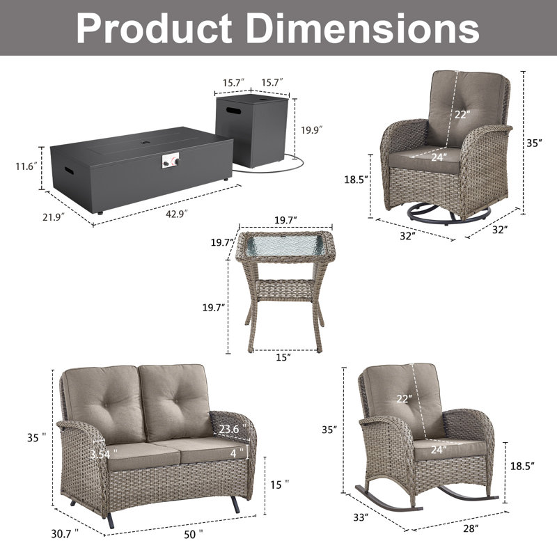 Ensemble de conversation 8 pièces avec chaises berçantes et pivotantes pour l'extérieur, Gris, Gris
