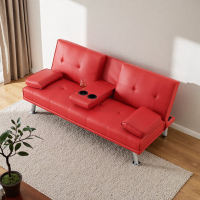 67" Red Leather Folding Sofa Bed With 3 Adjustable Positions – Convertible Sleeper & Lounge For Small Spaces