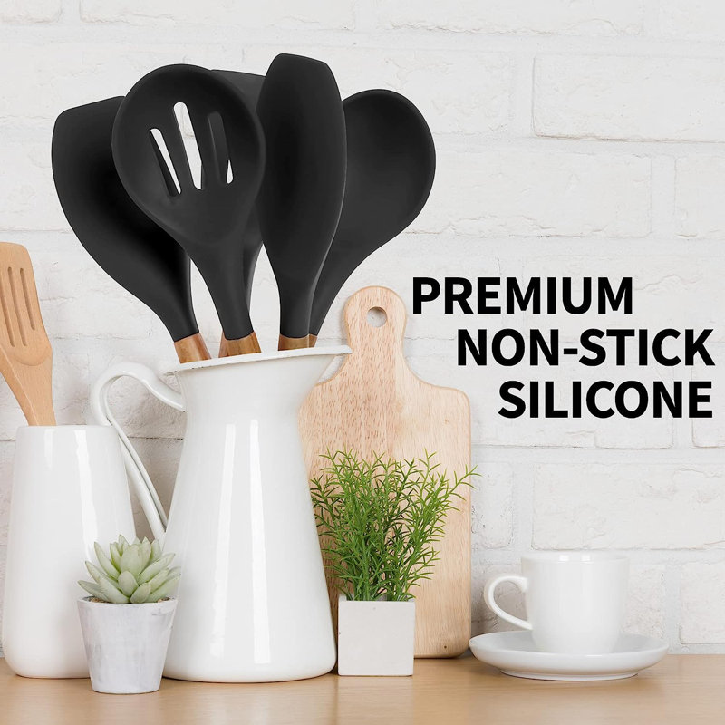 Black Silicone Cooking Utensils Set with Acacia Wood Handles, 5 Piece