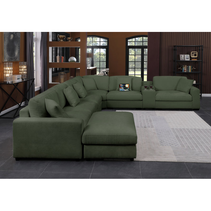 Canapé modulaire d'angle rembourré moderne avec consoles, H 36 po x l 162 po x P 137 po, Chenille vert poussiéreux