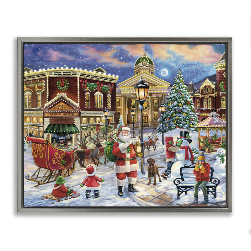 «Santa in Town Square», art mural encadré flottant par Grateful Licensing Studio, Cadre flottant gris lustré