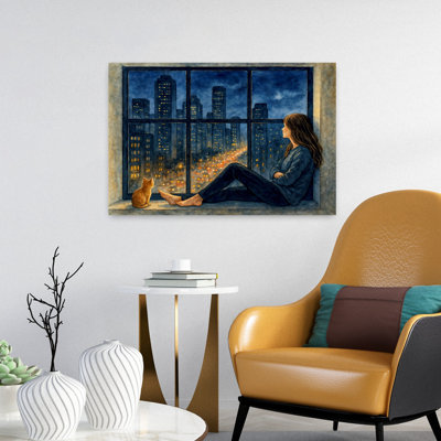 Femme et chat à la fenêtre avec des lumières de la ville dans la soirée