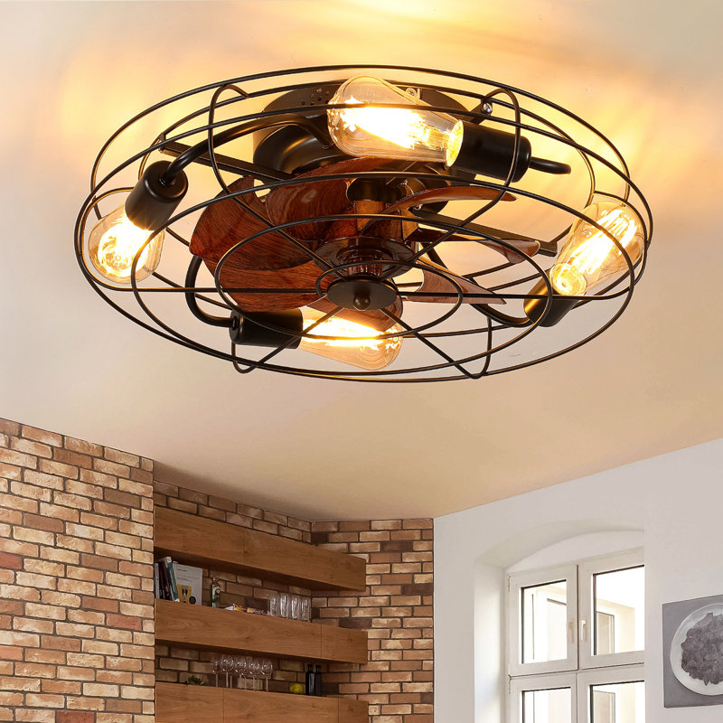 Ventilateur de plafond en cage avec lumière, ventilateurs de plafond à profil bas de ferme de 20 po avec télécommande, ventilateurs de plafond 4X E26 avec moteur réversible et salon réversible