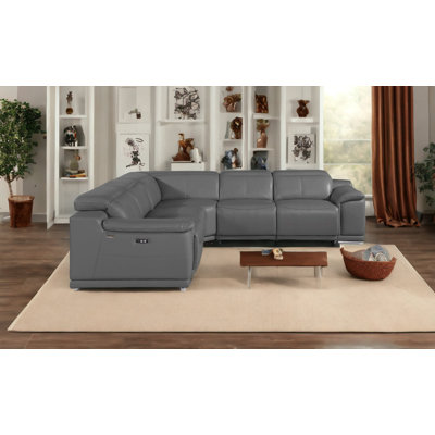 Gray Italian Leather Power Reclining U Shaped Five Piece Corner Sectional With Console