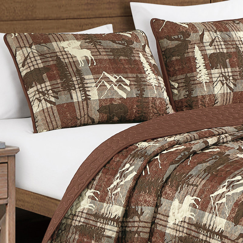 3 Pcs Rustic Polyester Bear Patchwork Quilt Bedspread Set, Queen Quilt + 2 Shams, Burgundy