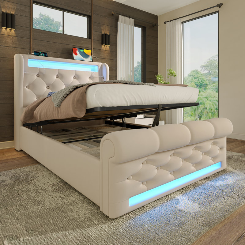 Lift Up Storage Bed, European Kingsize (90 x 200cm), Beige
