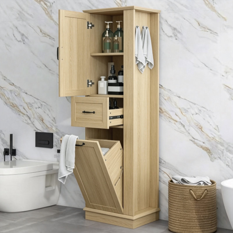 Modern Tall Storage Cabinet with Tilt-Out Compartment & Adjustable Shelves，Left and Right Conversion Side Storage, Natural