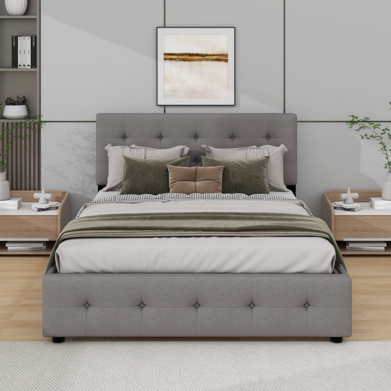 Grand lit plateforme tapissier avec 2 tiroirs et un lit gigogne, Gris clair
