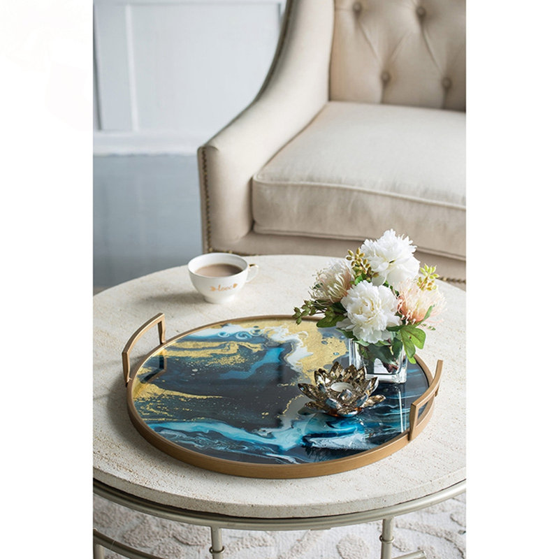 Round Mirrored Tray with Blue & Gold Artistic Pattern