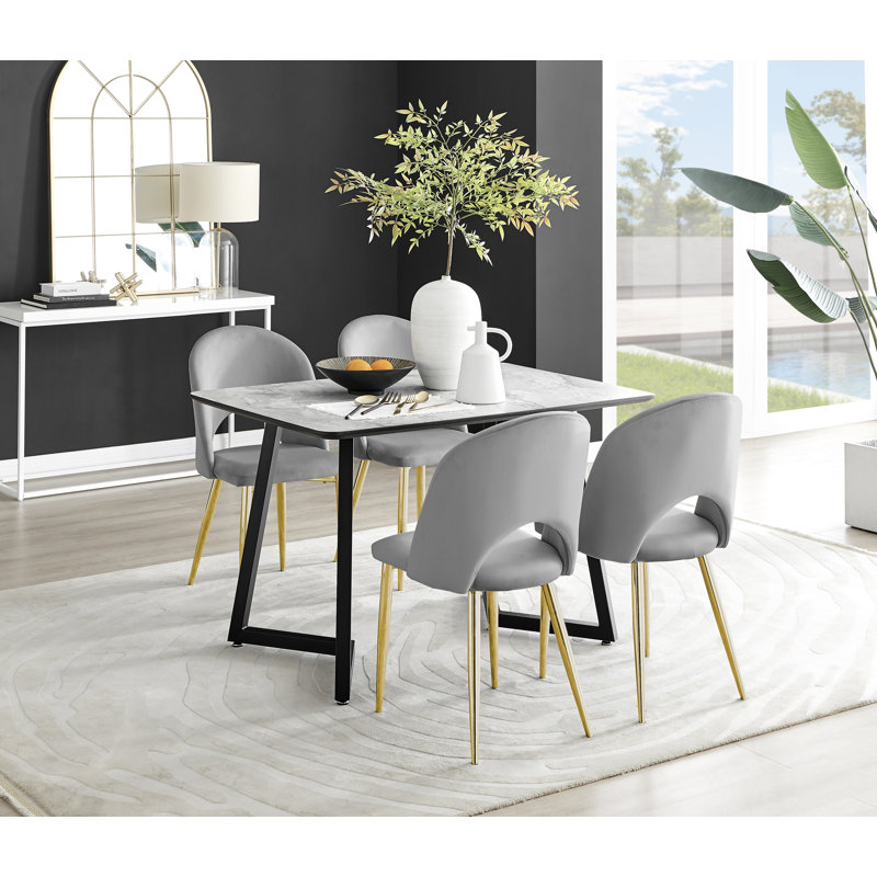 White & Grey Marble Effect Melamine Dining Table and Chairs - 4 Luxury Velvet Dining Chairs, Grey/Gold