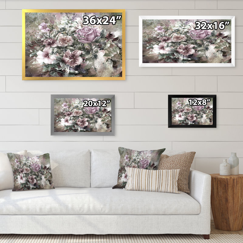 «Grunge Pink Grey Summer Flowers», reproduction sur toile flottante, Cadre noir, H 24 po x l 36 po x P 1 po