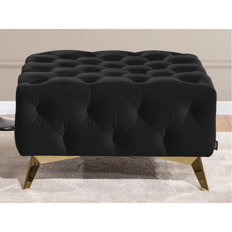 Whitby 80cm Wide Velvet Tufted Square No Pattern Footstool Ottoman, Black, Gold