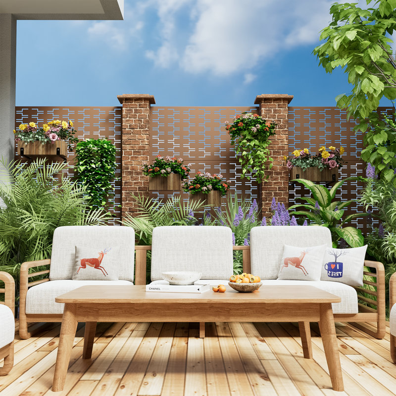 Outdoor Metal Privacy Screen Fence Panel Brick Pattern, Brown, 72" H x 47" W x 16" D-2Pcs
