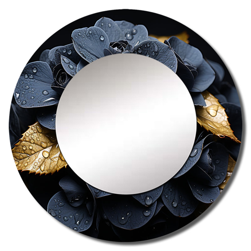 Noir «Allure Hydrangea I», miroir mural rond noir, art imprimé en métal, 36 po x 36 po