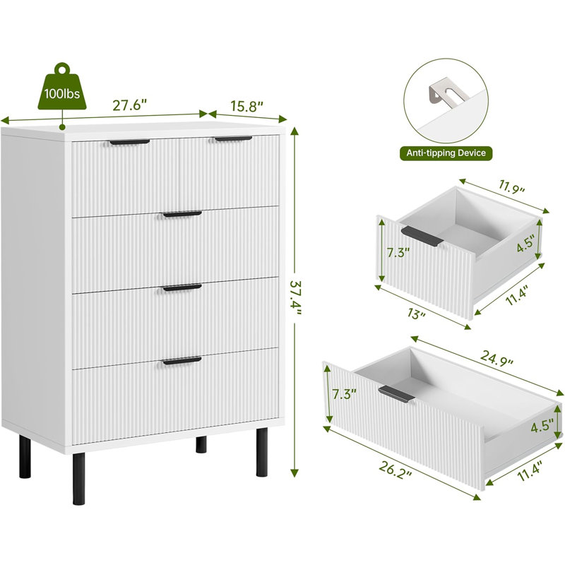 5 Drawer Dresser for Bedroom, Closet Dresser Organizer with Anti-Tipping Device and Metal Legs for Hallway Entryway, Chrome