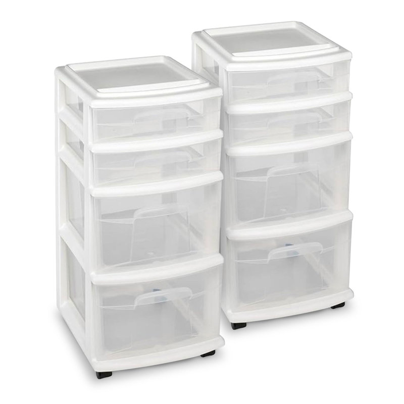Tour de rangement moyenne en plastique transparent 4 tiroirs Homz, cadre blanc (paquet de 2), Blanc, 2 Pack