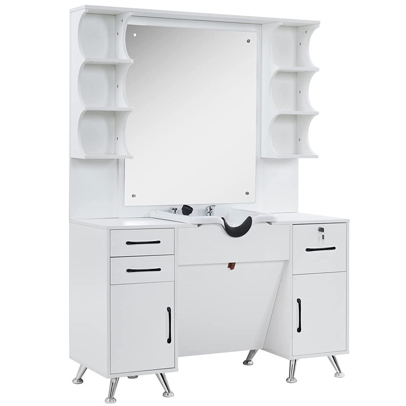 Armoire à shampooing Taquil Backwash, station de rangement murale avec miroir, armoire de rangement avec tiroirs, Blanc