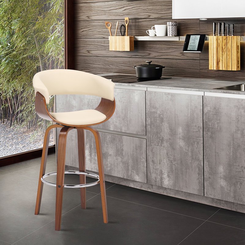 Tabouret de bar avec accoudoirs et dossier ouvert en similicuir Chagnon, Crème, Bois de noyer