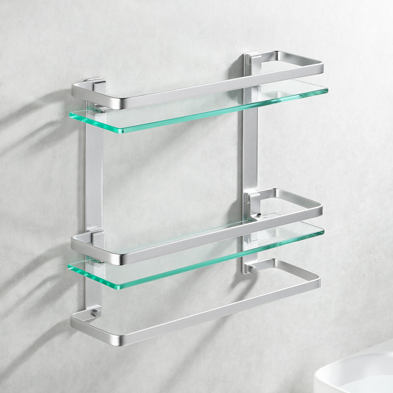 2 Tier 15.7-Inch Bathroom Tempered Glass Shelf  Storage Glass Shelf Rectangular With Bar Aluminum