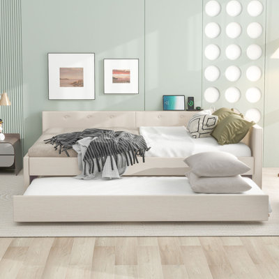 Lit plateforme tapissier avec port USB et lit gigogne simple, beige
