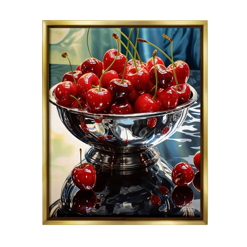 "Bowl Of Cherries Reflection" par RB sur toile, Cadre flottant métallique doré, H 21 po x l 17 po