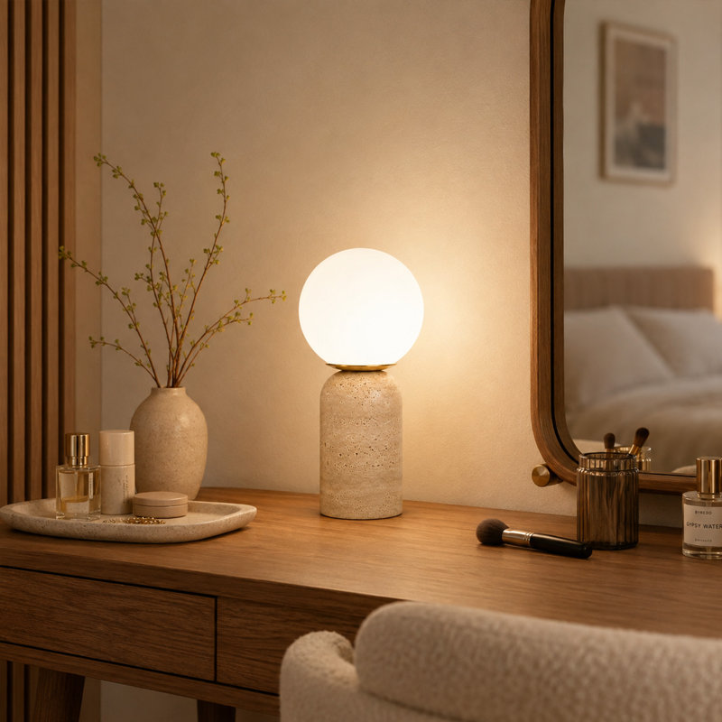 Lampe de table moderne en travertin avec abat-jour en verre blanc, lampe de chevet à intensité variable pour chambre ou salon