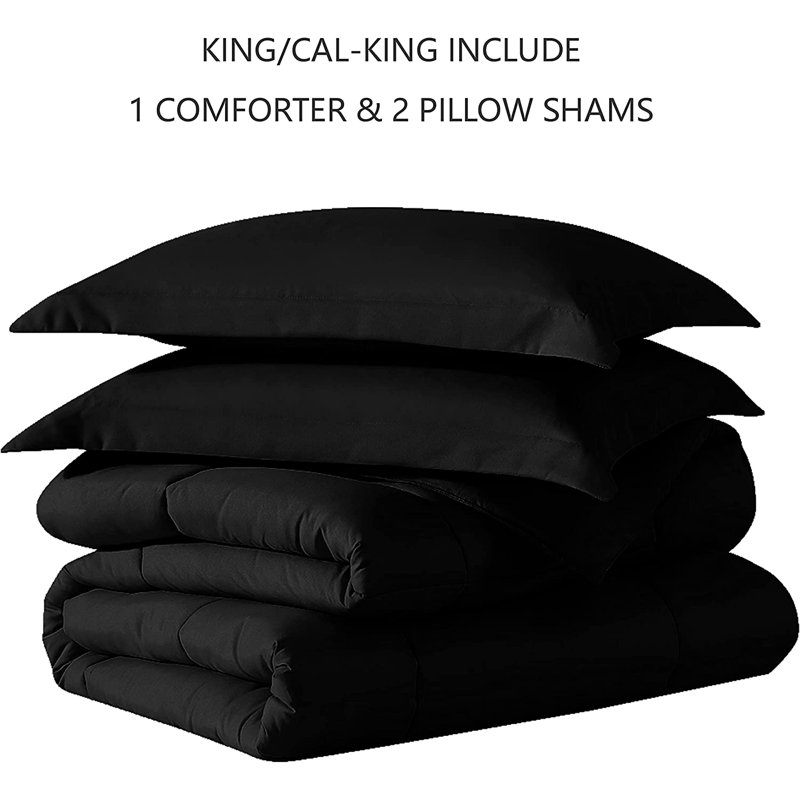 Box Stitch Comforter, Black, Queen Comforter + 2 Queen Shams