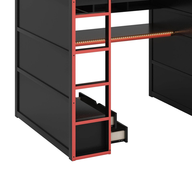 Full Size Wood Loft Bed With Desk,Wardrobe,RGB LED Light And Ample Storage Space, Black/Red
