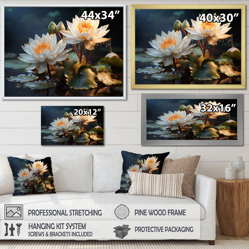 «White Yellow Lotus Field I» sur toile, Cadre simple noir, H 12 po x l 20 po x P 1 po
