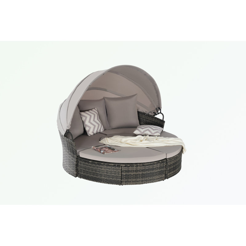 Outdoor Patio Round Daybed with Retractable Canopy and Storable Table, Light Gray