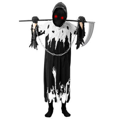 Large Kids Glow Dark Grim Reaper Costume, Breathable Polyester Phantom Dress Up Kit for Halloween Party