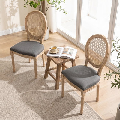 Chaises de salle à manger d'inspiration rétro avec structure en bois massif - dossier en rotin, tissu en lin, ensemble de 2