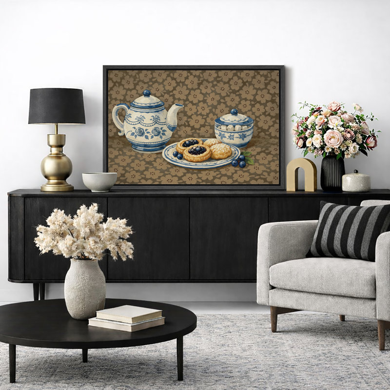 Théière florale bleue et pâtisserie, art de la nature morte, H 16 po x l 24 po, Cadre flottant noir