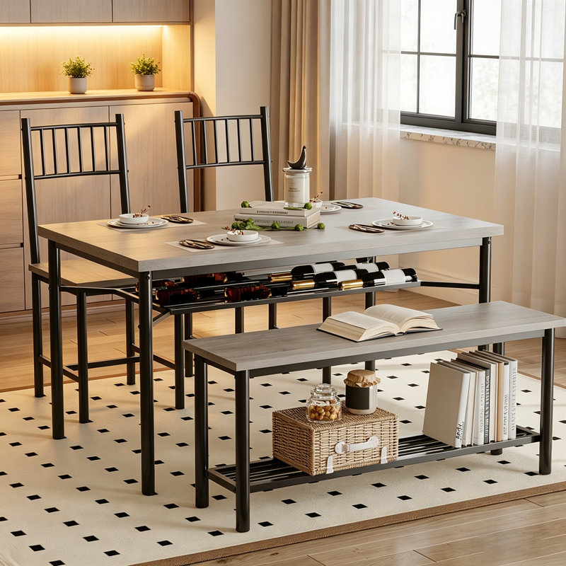 4 Pieces Dining Table Set, Farmhouse Kitchen Table Set with Bench and 2 Chairs, Rectangular Breakfast Table Set for 4 with Storage Racks for Apartment, studio, Grey