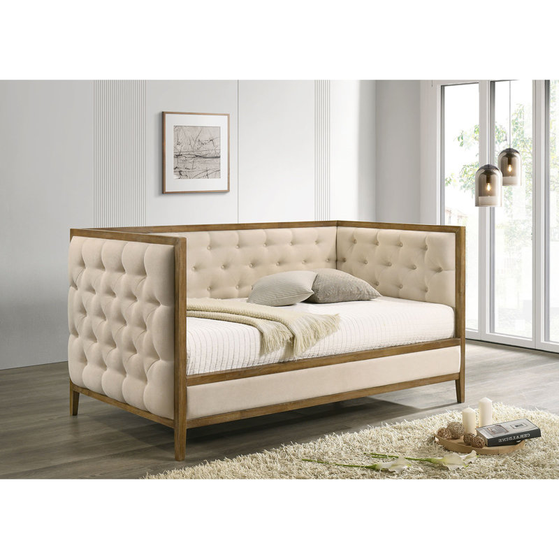 Lit de jour de style transitionnel à finition bois de chêne touffetée avec matelas et finition chêne naturel