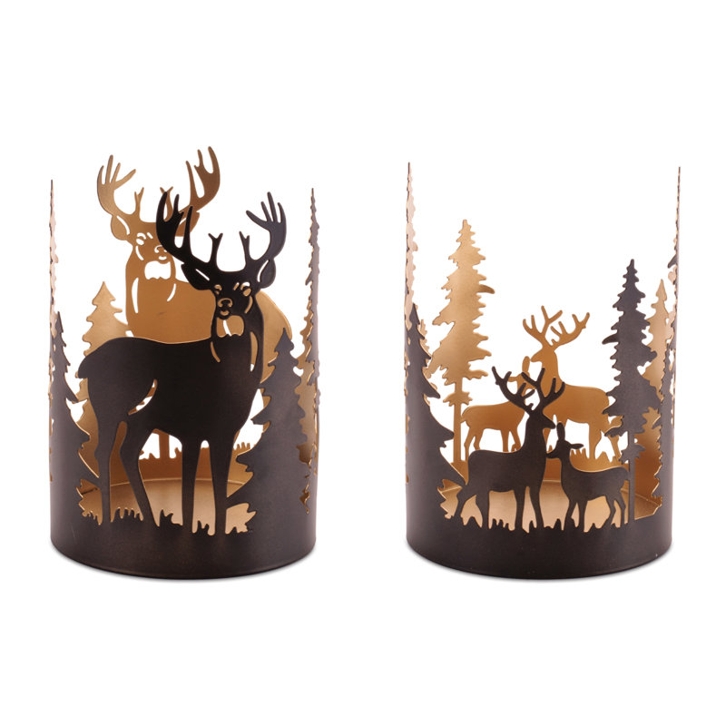 Cut Metal Deer and Forest Candle Holder