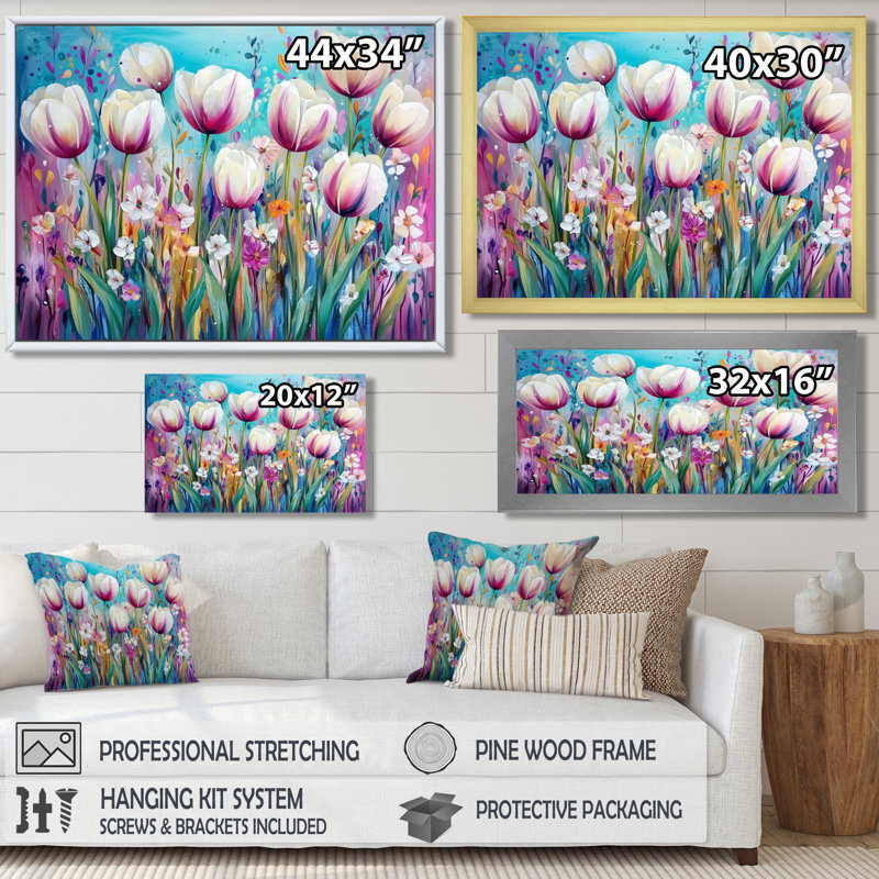 Fantaisie lavande et champ de tulipes IV - art mural grand format tulipes, H 34 po x l 44 po, Blanc