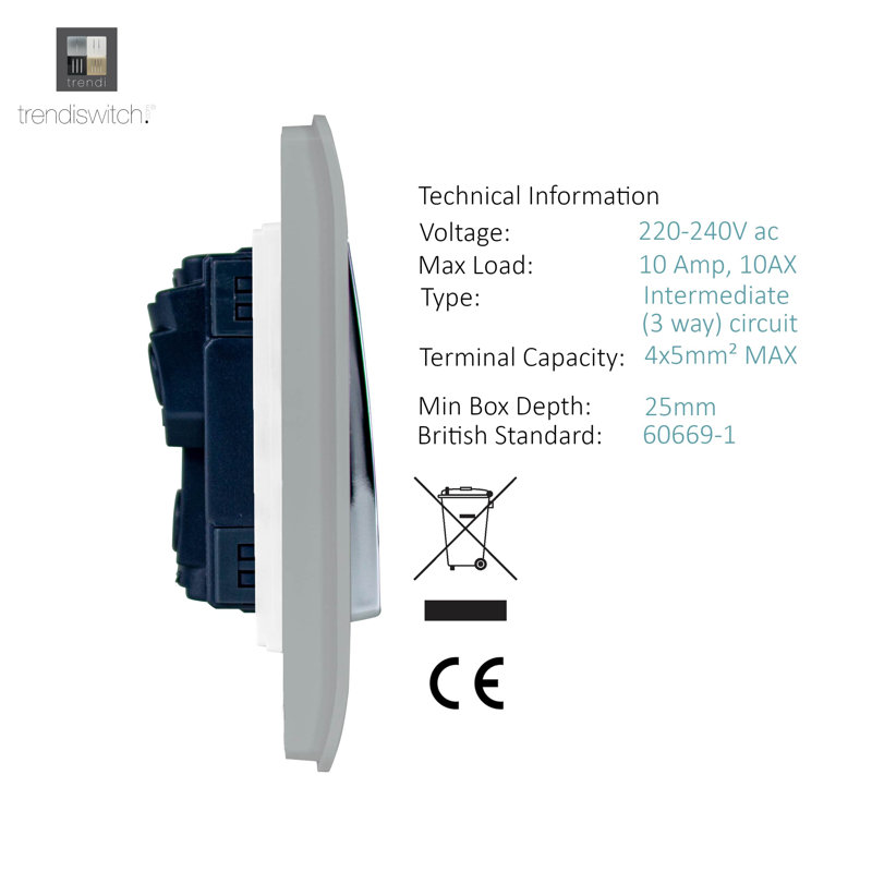 Trendi Switch 2 Gang Intermediate Rocket Light Switch, Platinum Silver