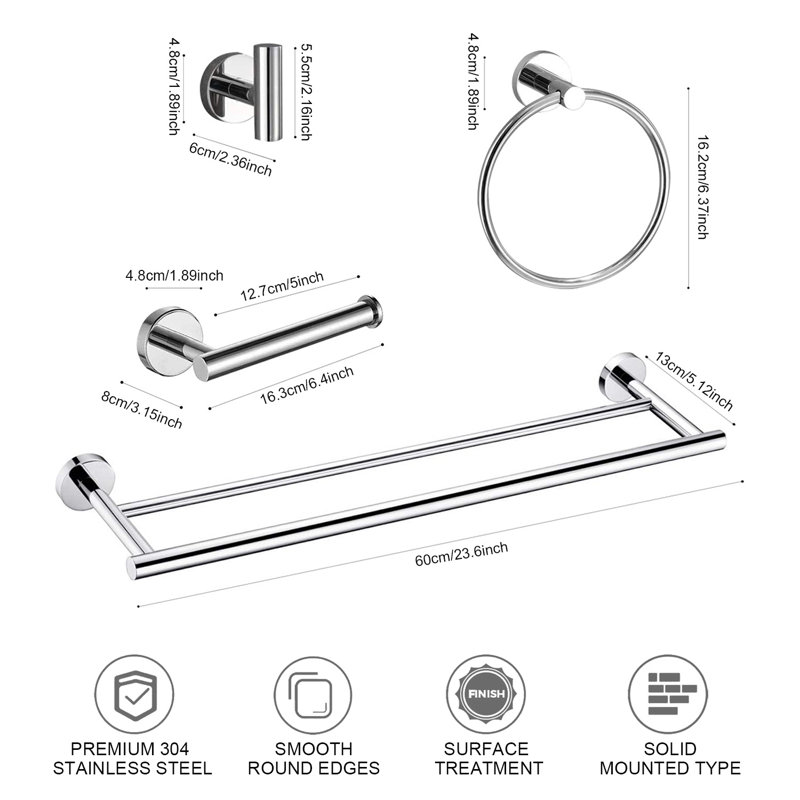 Ensemble de quincaillerie de salle de bain, accessoires de salle de bain, acier inoxydable, fixation murale, 10 pièces