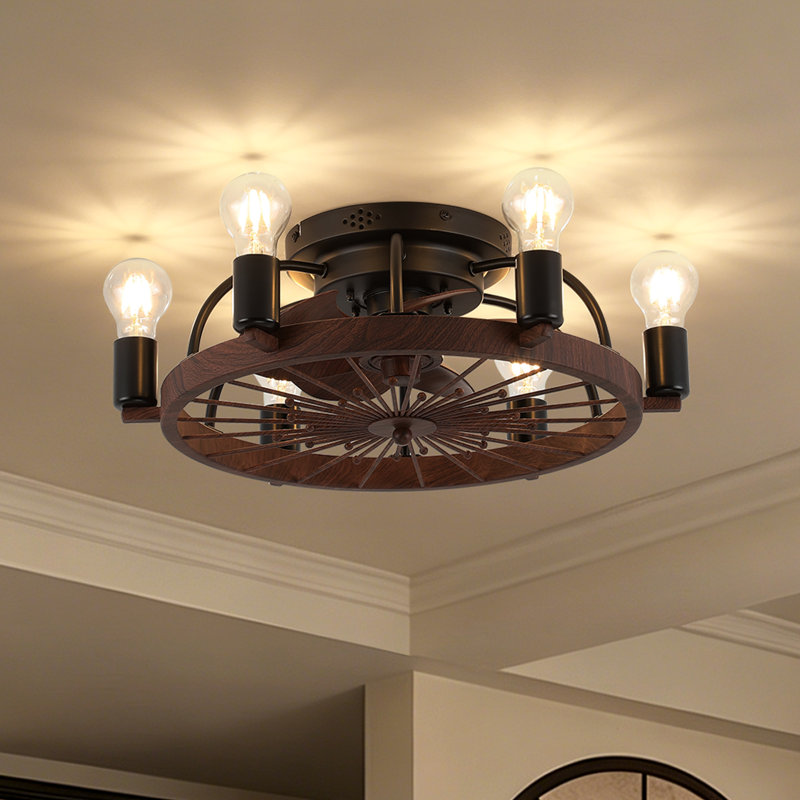 20.5" 6-Light Walnut Brown Wood Flush Mount Ceiling Fan Light with 6-Speed Remote Control, Reversible DC Motor, Timer